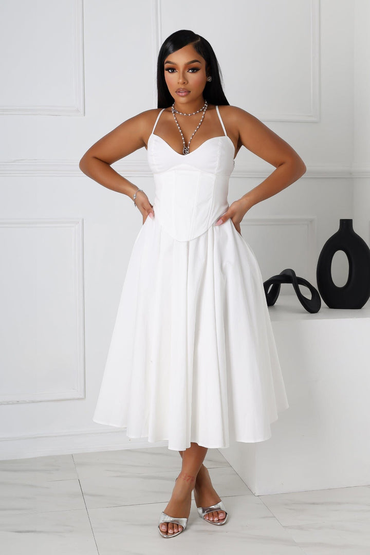 EDGE — white poplin corset midi dress, front view on model