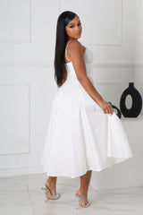 EDGE — white poplin corset midi dress, back view on model