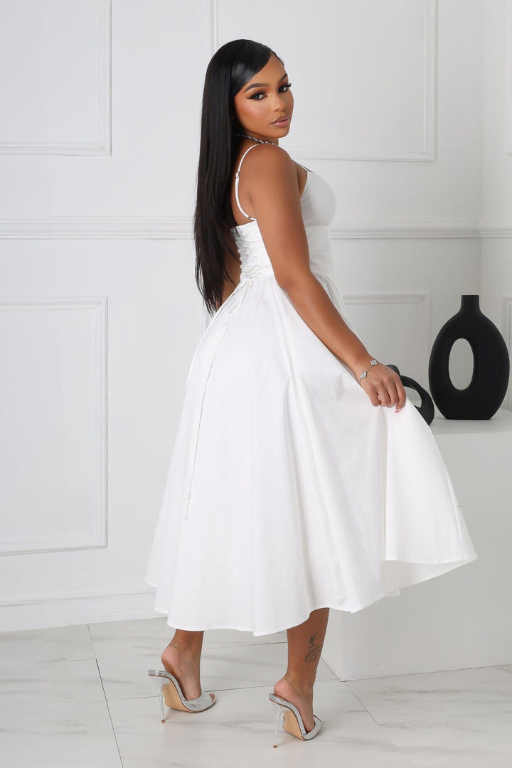 EDGE — white poplin corset midi dress, back view on model
