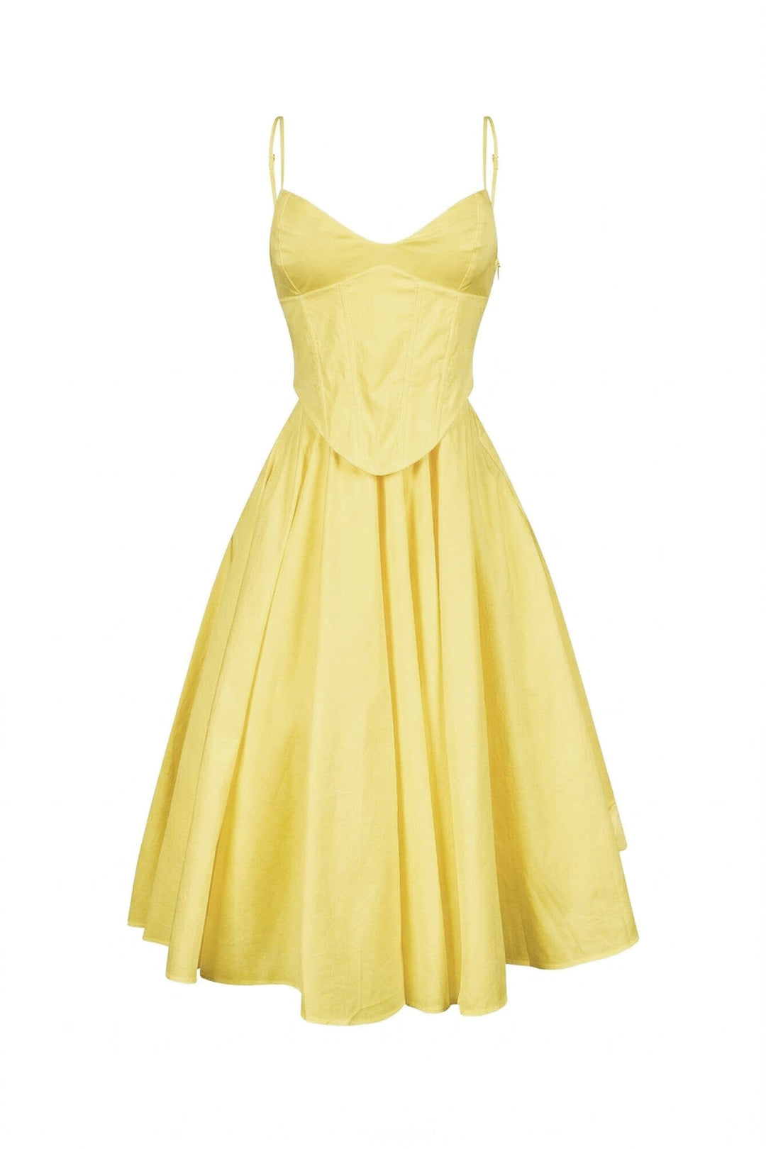 EDGE — yellow poplin corset midi dress, front view flat lay