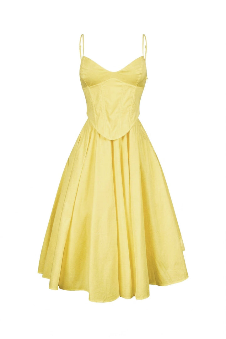 EDGE — yellow poplin corset midi dress, front view flat lay