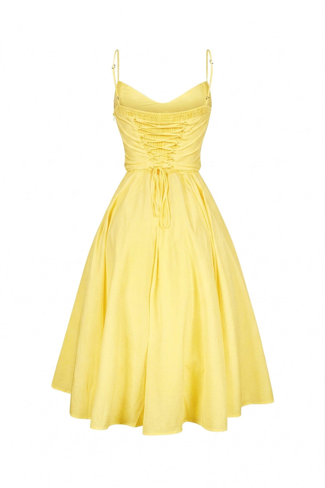 EDGE — yellow poplin corset midi dress, back view flat lay