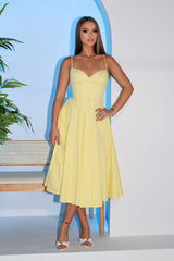 EDGE — yellow poplin corset midi dress, front view on model