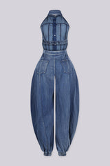 Halter bodice denim jumpsuit with elastic cuffs finish the ankles, back view