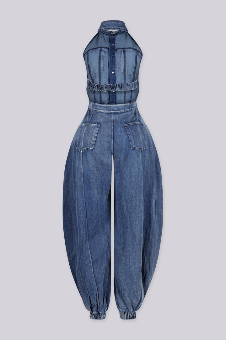 Halter bodice denim jumpsuit with elastic cuffs finish the ankles, back view
