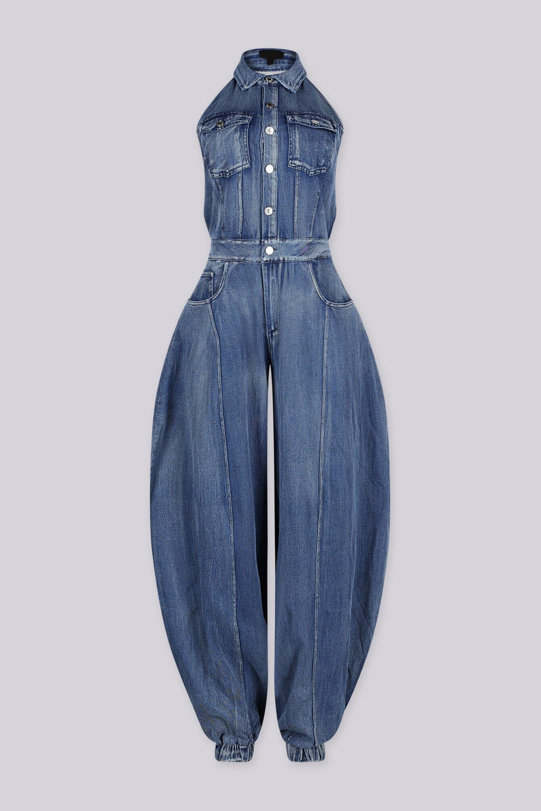 Halter bodice denim jumpsuit with elastic cuffs finish the ankles, front view