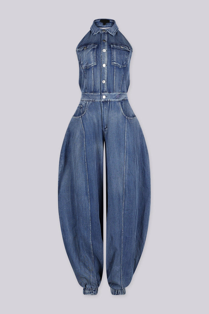 Halter bodice denim jumpsuit with elastic cuffs finish the ankles, front view
