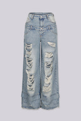 High waisted wide leg jeans in heavy stonewash fading throughout featuring layered