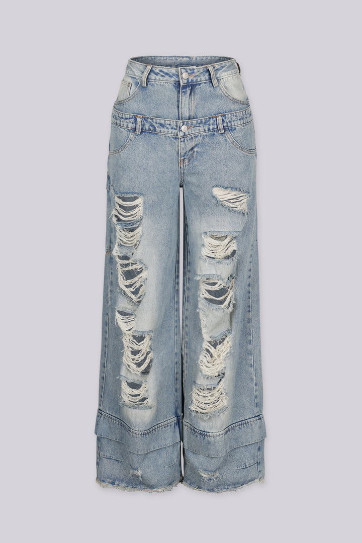 High waisted wide leg jeans in heavy stonewash fading throughout featuring layered