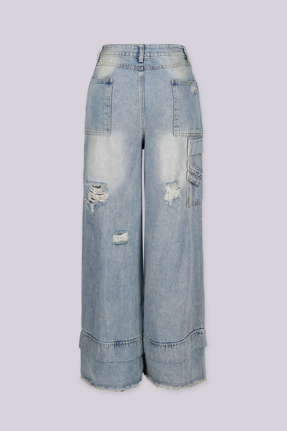 High waisted wide leg jeans in heavy stonewash fading throughout featuring layered