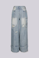 High waisted wide leg jeans in heavy stonewash fading throughout featuring layered