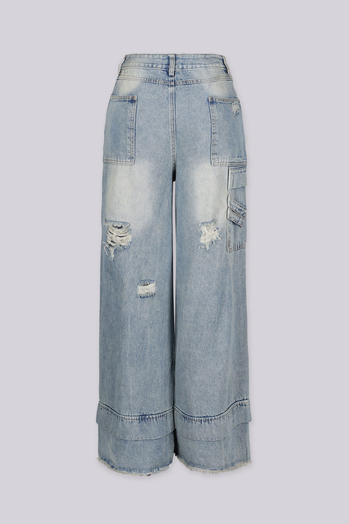High waisted wide leg jeans in heavy stonewash fading throughout featuring layered