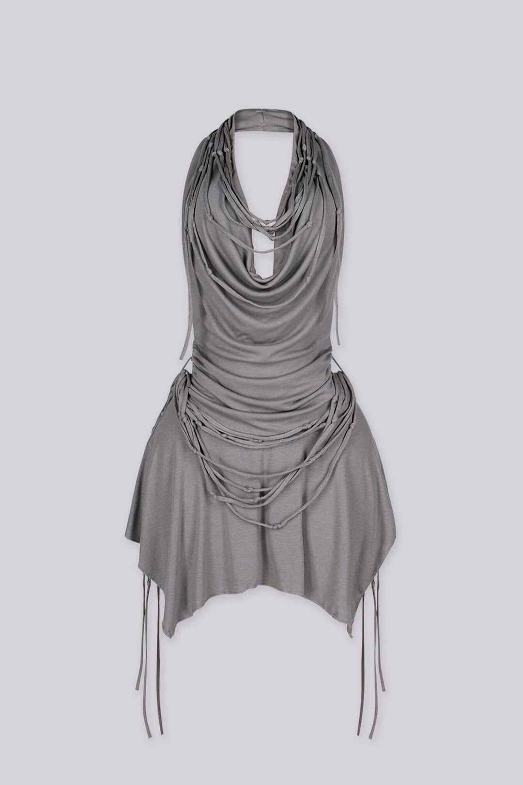 High drape halter mini dress with deep plunging cowl neckline
Layering of knotted fabric ropes cascading down the front with asymmetric handkerchief hemline