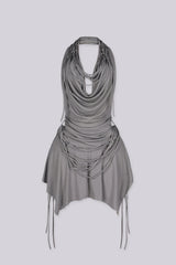 High drape halter mini dress with deep plunging cowl neckline
Layering of knotted fabric ropes cascading down the front with asymmetric handkerchief hemline
