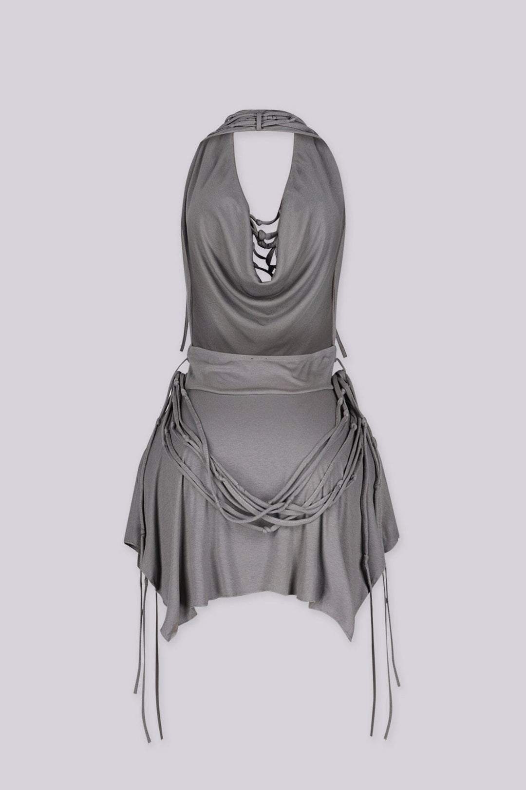High drape halter mini dress with deep plunging cowl neckline
Layering of knotted fabric ropes cascading down the front with asymmetric handkerchief hemline