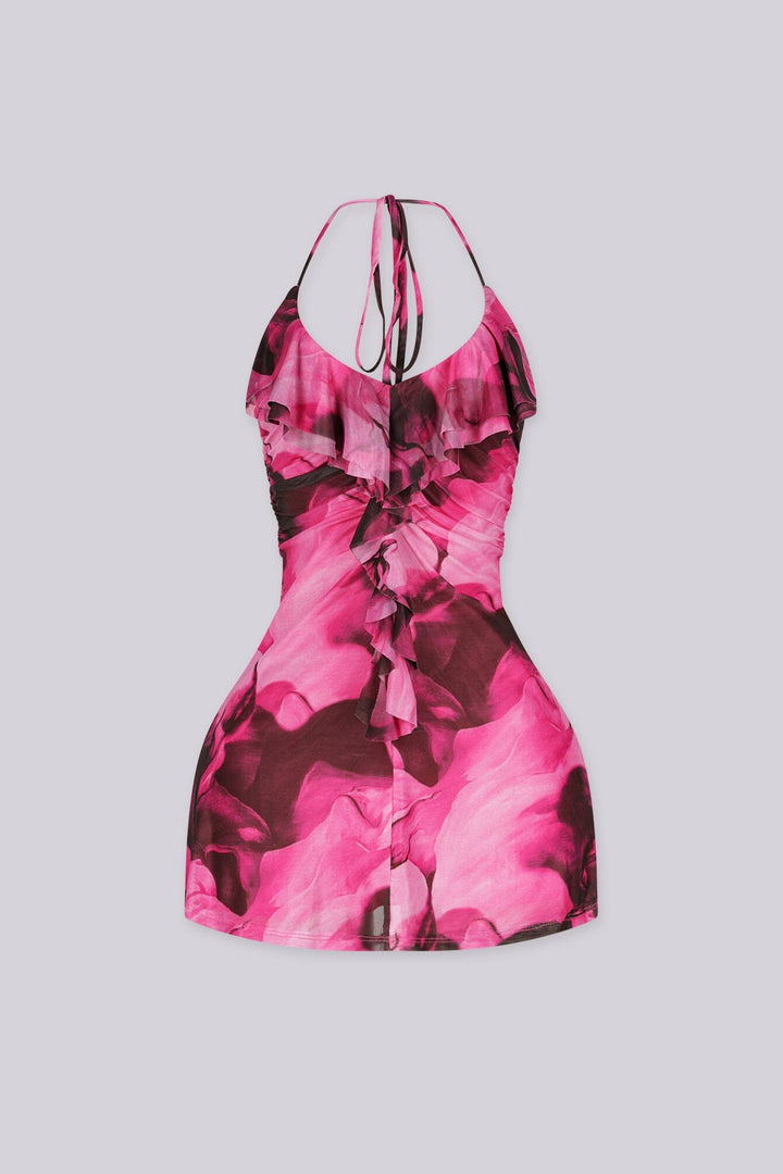 Halter mini dress with a plunging scooped neckline
Layered ruffle detailing along the neckline and cascades down the center front bust and bodice