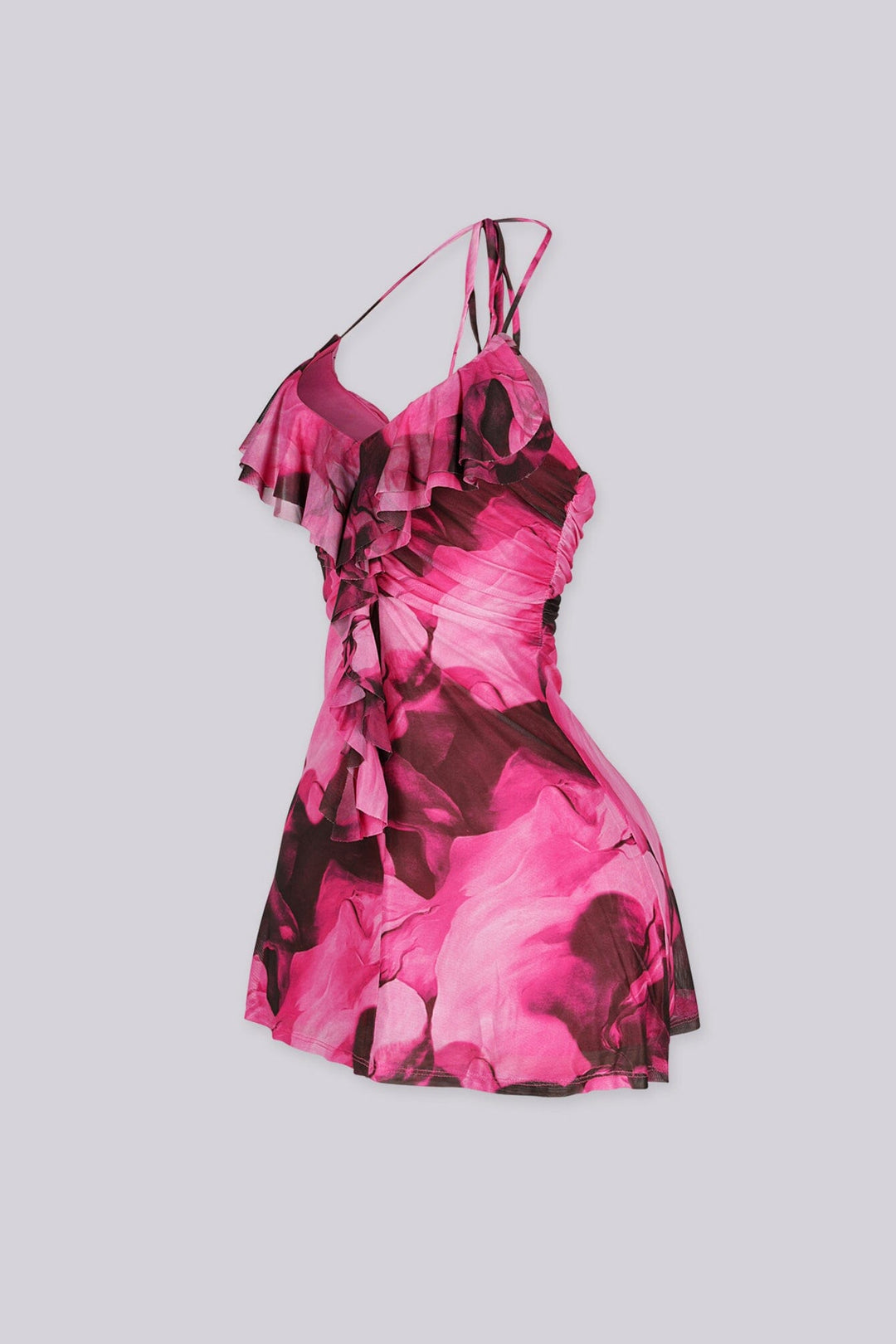Halter mini dress with a plunging scooped neckline
Layered ruffle detailing along the neckline and cascades down the center front bust and bodice