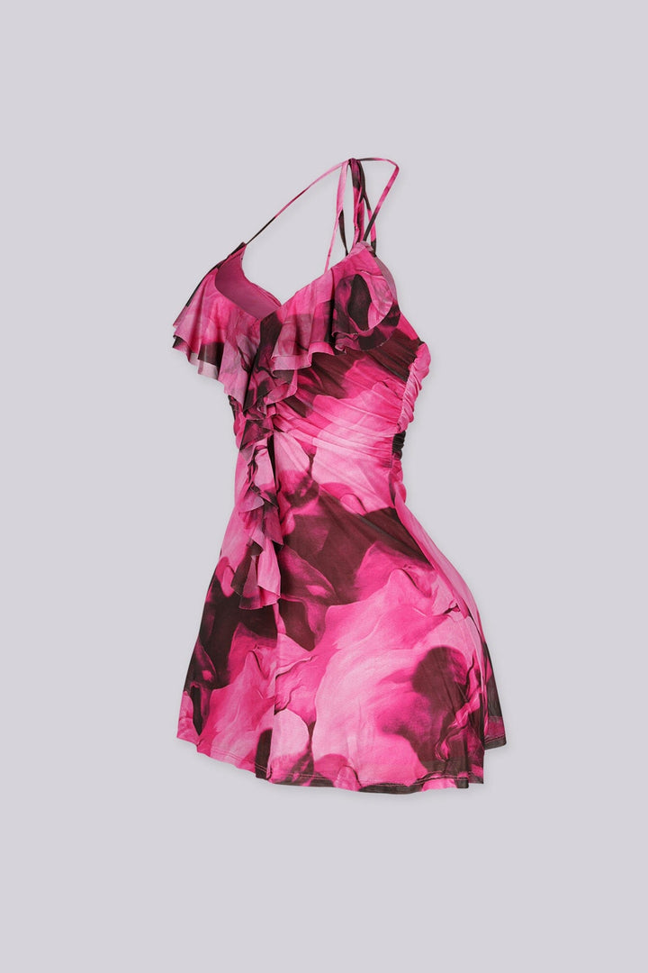 Halter mini dress with a plunging scooped neckline
Layered ruffle detailing along the neckline and cascades down the center front bust and bodice
