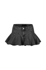 High waisted A line denim skirt featuring flounce hem and front zip fastening