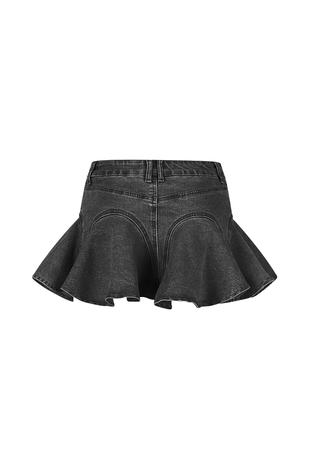 High waisted A line denim skirt featuring flounce hem and front zip fastening