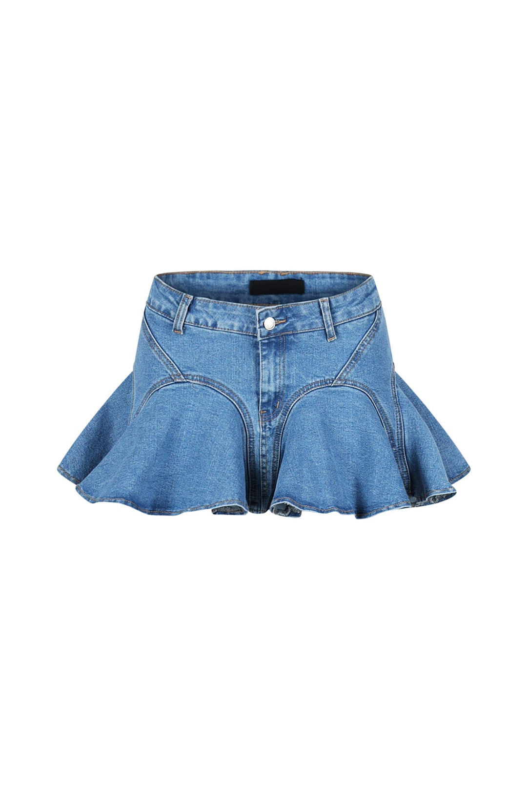 High waisted A line denim skirt featuring flounce hem and front zip fastening
