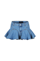 High waisted A line denim skirt featuring flounce hem and front zip fastening