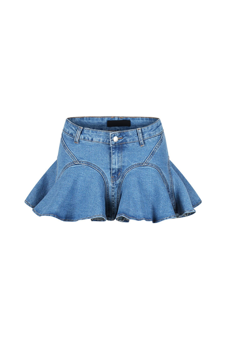 High waisted A line denim skirt featuring flounce hem and front zip fastening