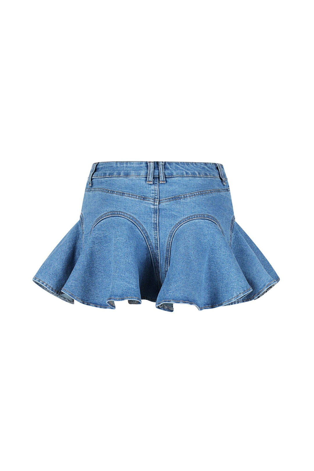 High waisted A line denim skirt featuring flounce hem and front zip fastening