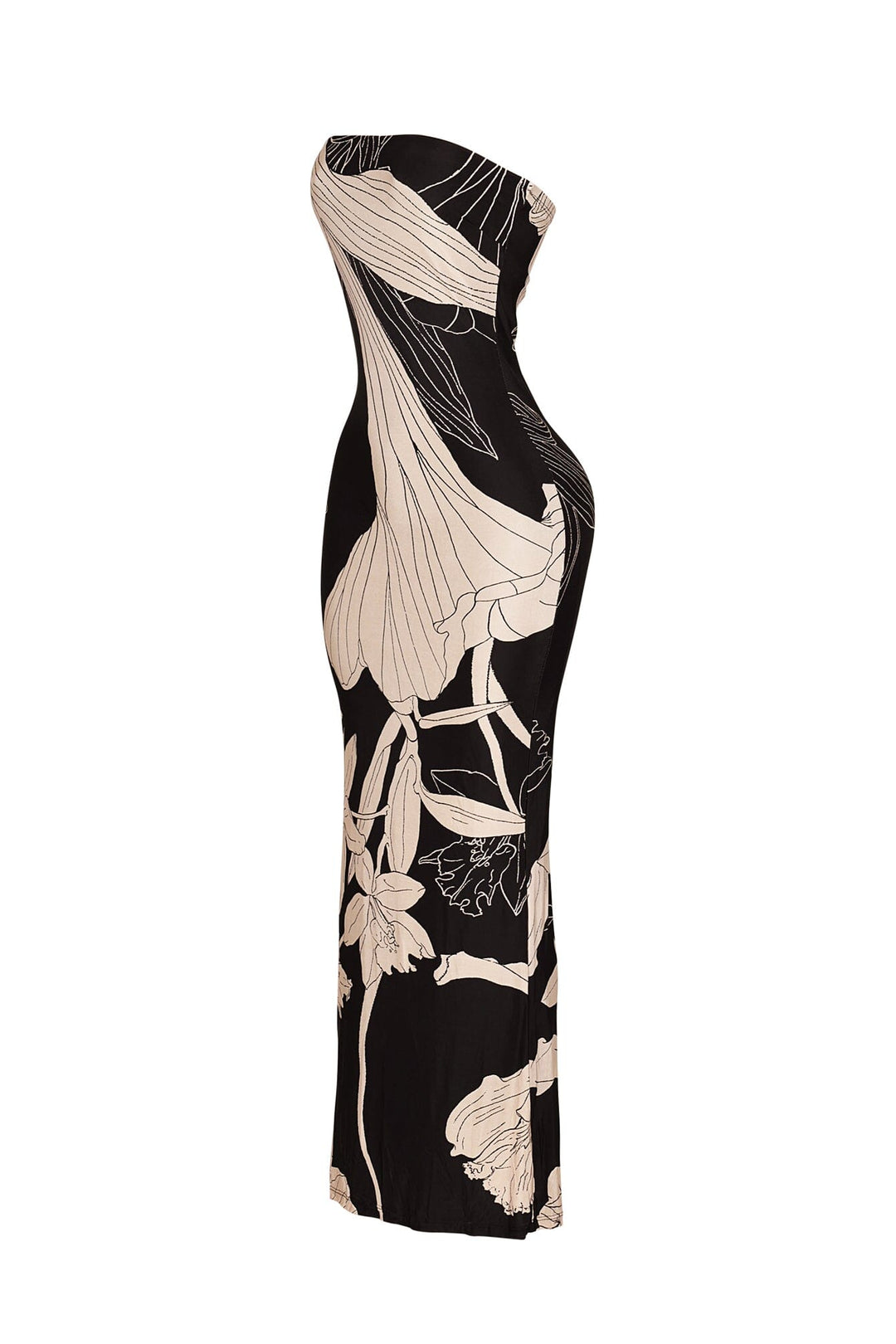 EDGE — brown floral print strapless tube maxi dress, side view flat lay