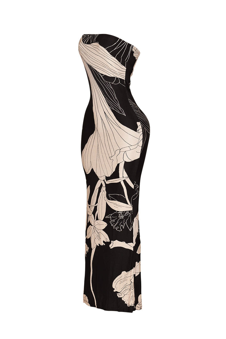 EDGE — brown floral print strapless tube maxi dress, side view flat lay