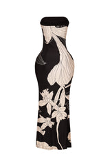 EDGE — brown floral print strapless tube maxi dress, back view flat lay