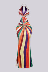 Gold O ring halter maxi dress featuring multi color print with side cutout detailing