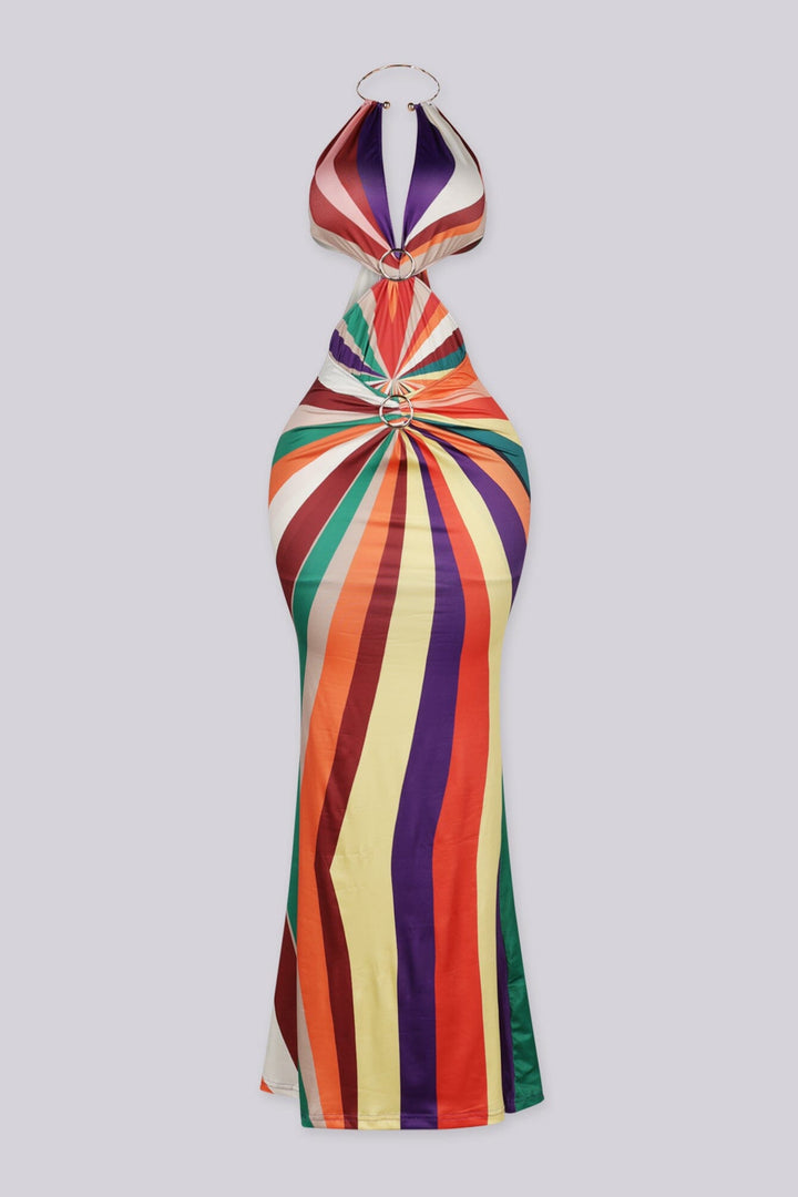 Gold O ring halter maxi dress featuring multi color print with side cutout detailing