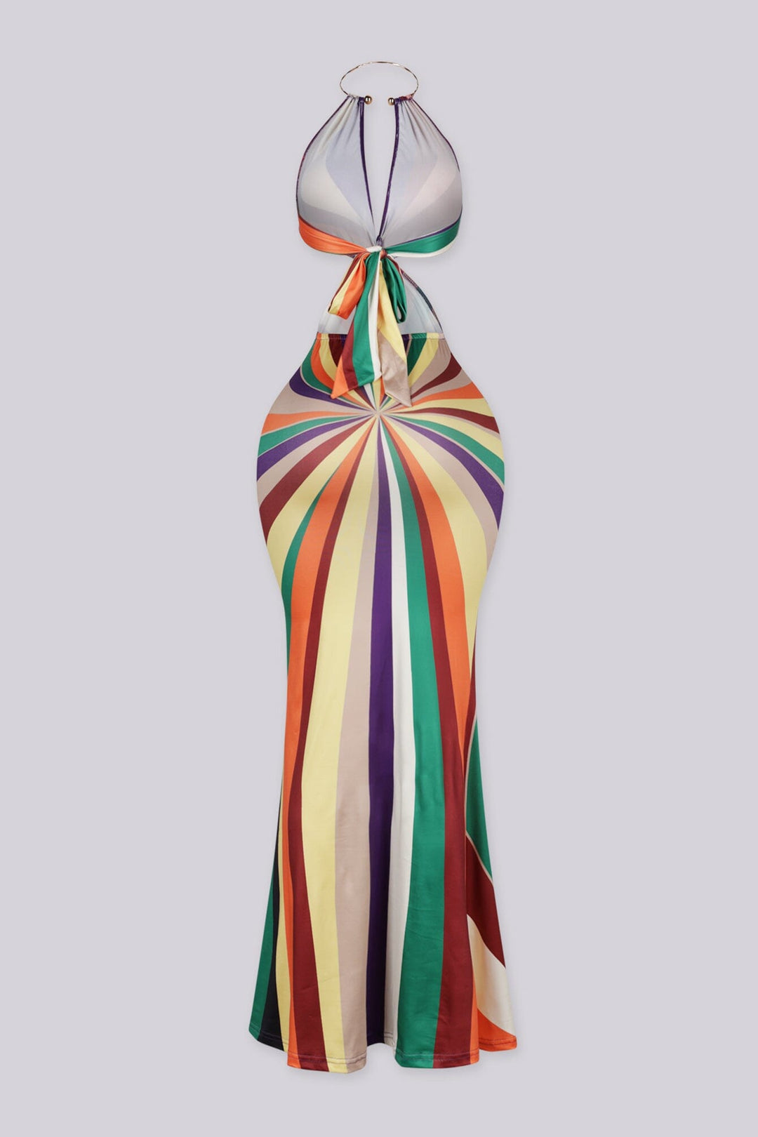 Gold O ring halter maxi dress featuring multi color print with side cutout detailing