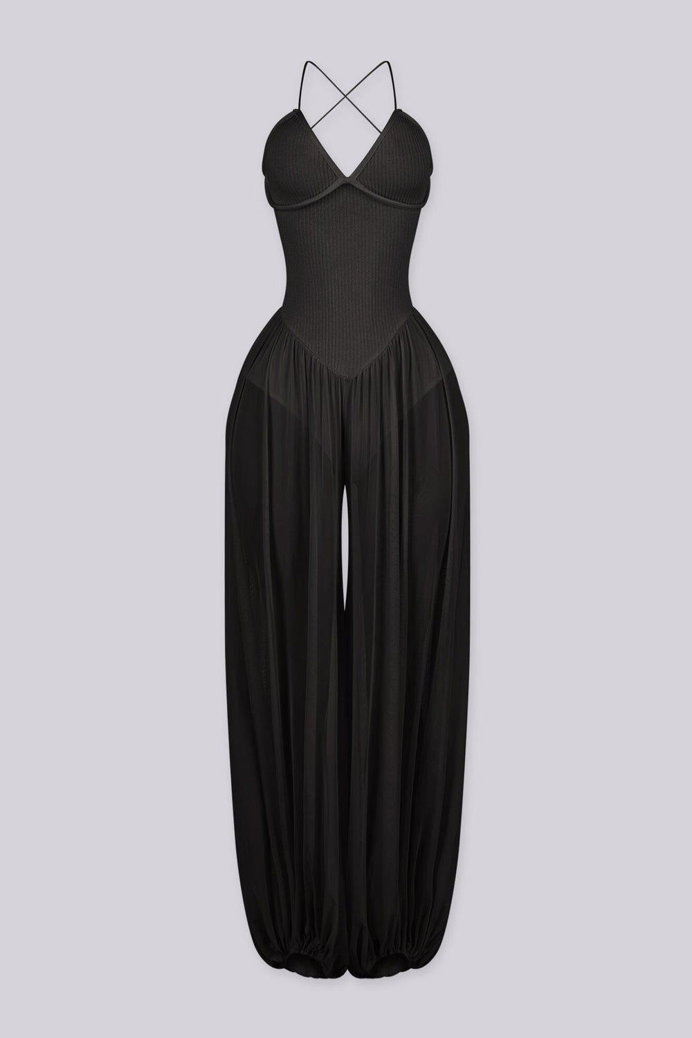 Halter neck jumpsuits with semi sheer mesh wide leg pants featuring gathering at the ankles
Open back with crisscross lace-up closure