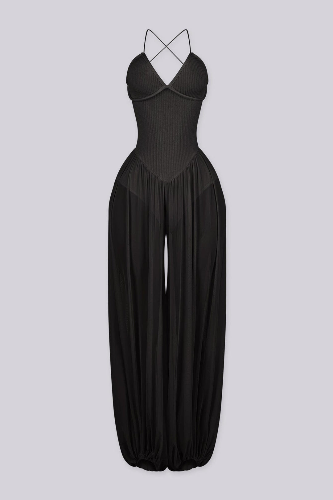 Halter neck jumpsuits with semi sheer mesh wide leg pants featuring gathering at the ankles
Open back with crisscross lace-up closure