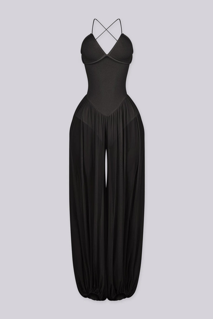 Halter neck jumpsuits with semi sheer mesh wide leg pants featuring gathering at the ankles
Open back with crisscross lace-up closure