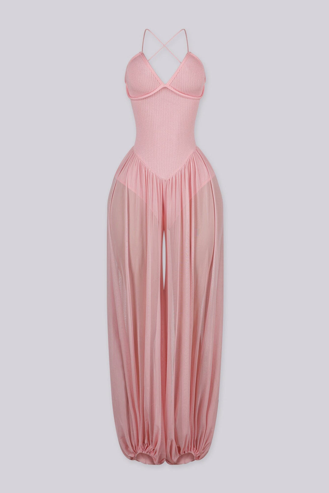 Halter neck jumpsuits with semi sheer mesh wide leg pants featuring gathering at the ankles
Open back with crisscross lace-up closure