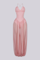 Halter neck jumpsuits with semi sheer mesh wide leg pants featuring gathering at the ankles
Open back with crisscross lace-up closure