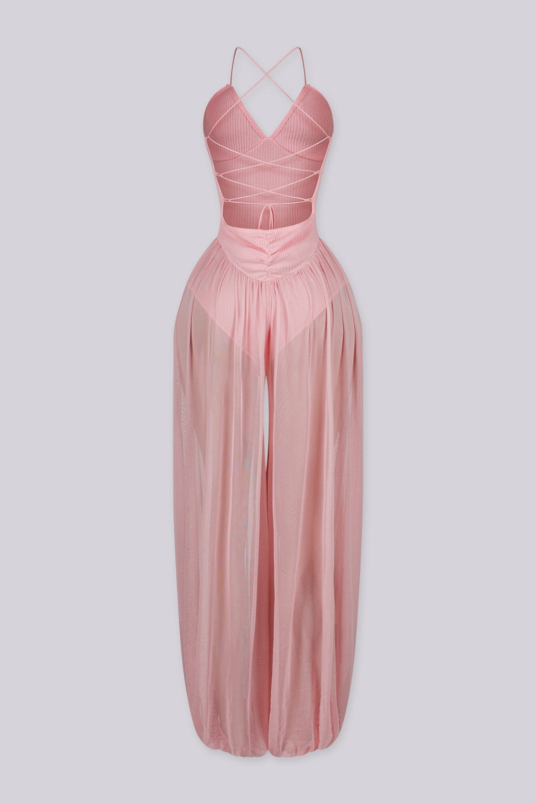 Halter neck jumpsuits with semi sheer mesh wide leg pants featuring gathering at the ankles
Open back with crisscross lace-up closure
