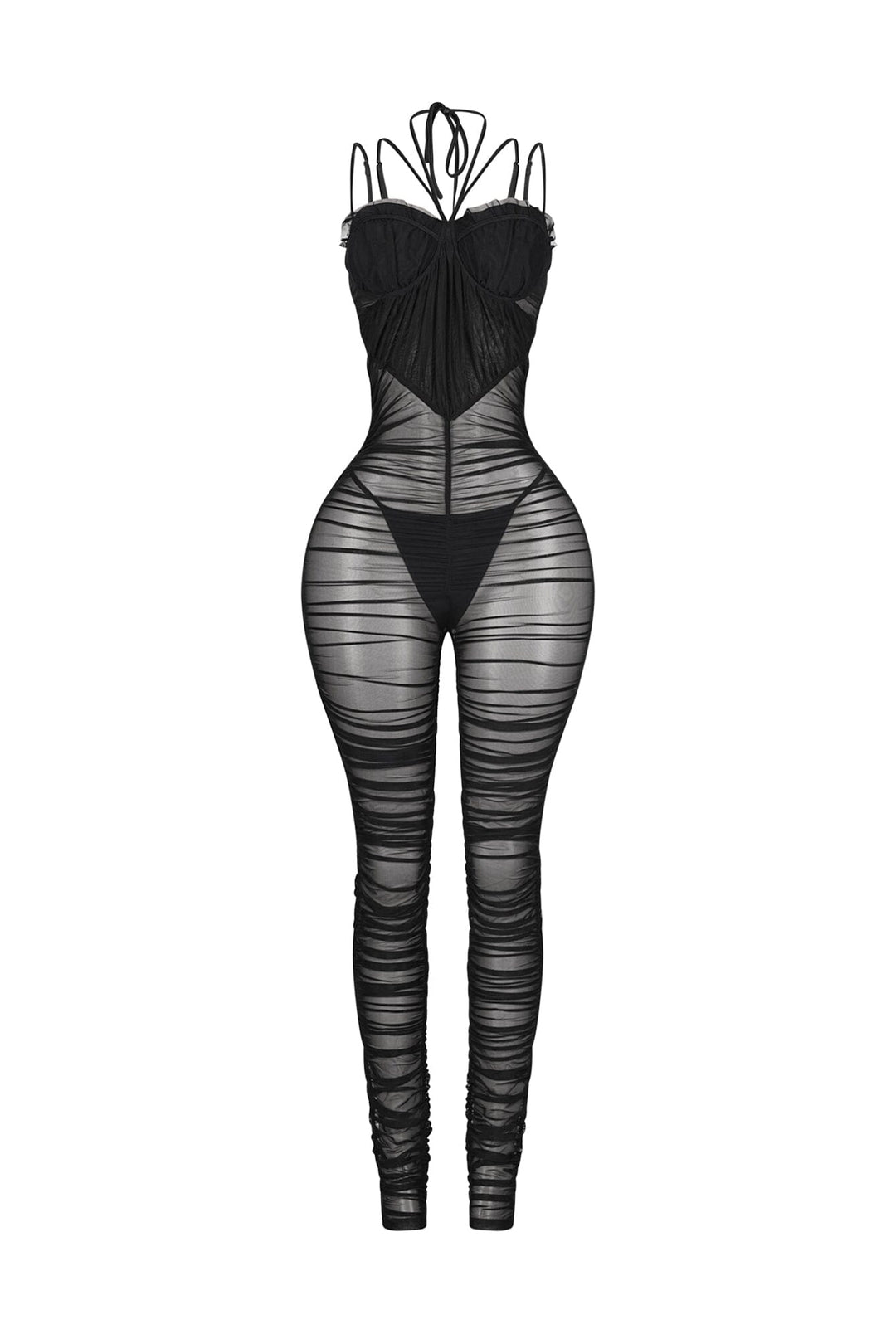 Sheer mesh strappy jumpsuit featuring a ruched bodice and an underwired bustier