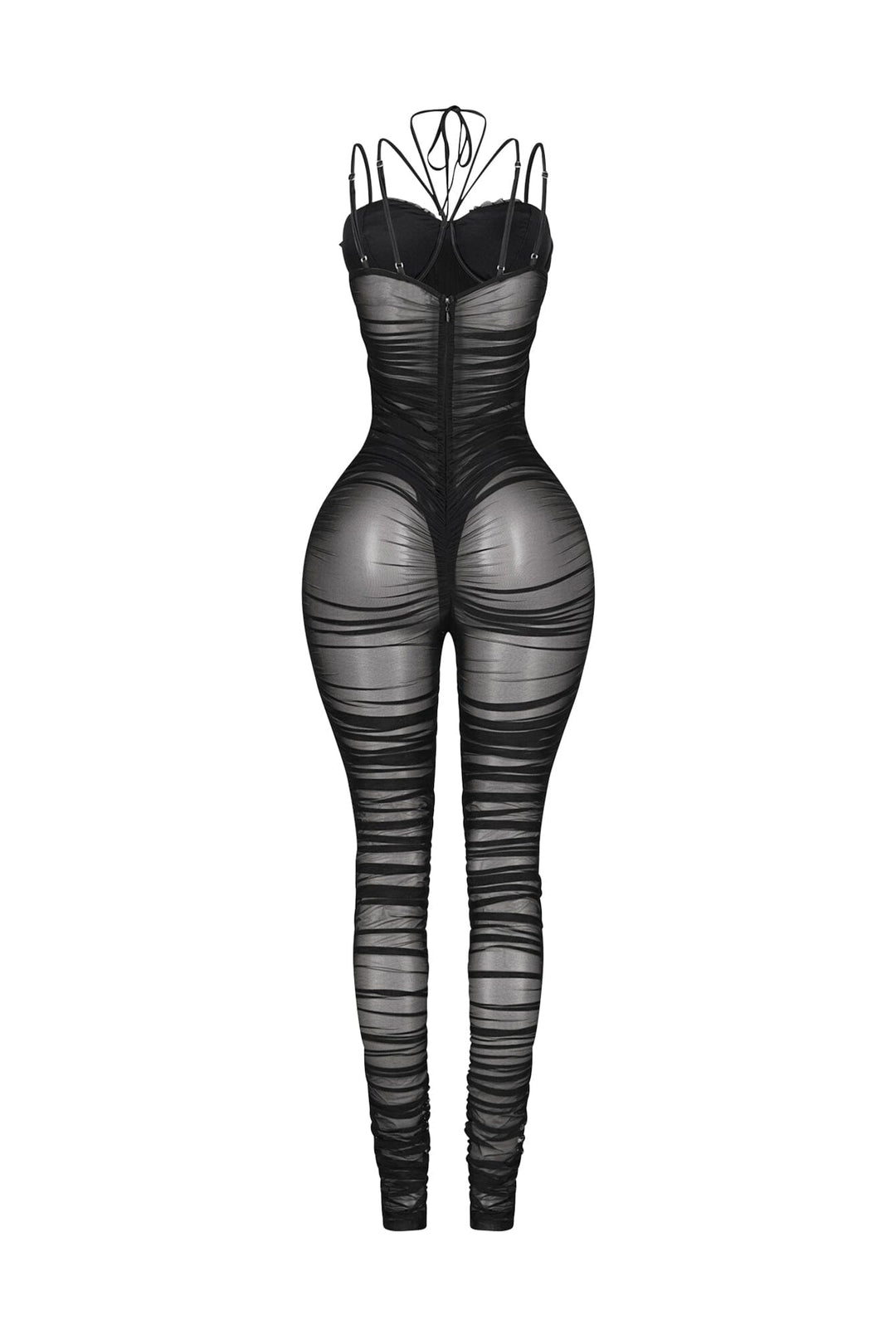 Sheer mesh strappy jumpsuit featuring a ruched bodice and an underwired bustier