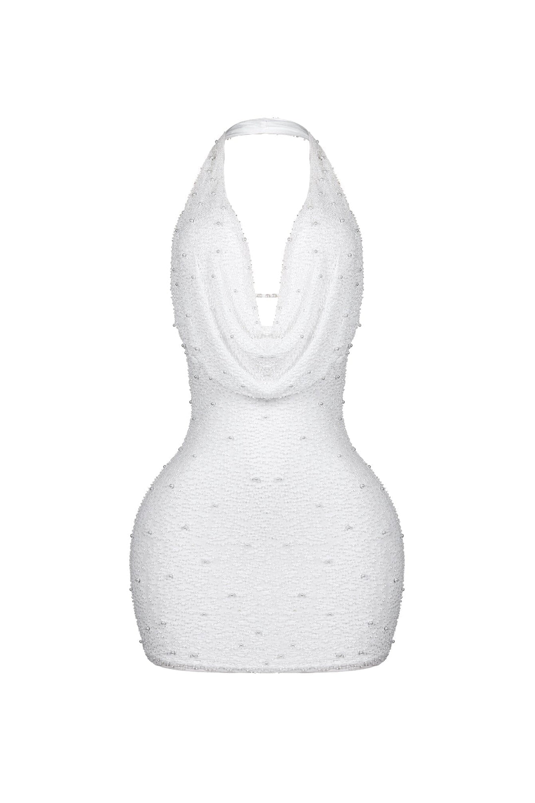 EDGE — white mesh pearl mini dress, front view flat lay