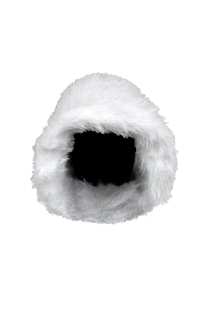 EDGE — white faux fur bucket hat, front view flat lay