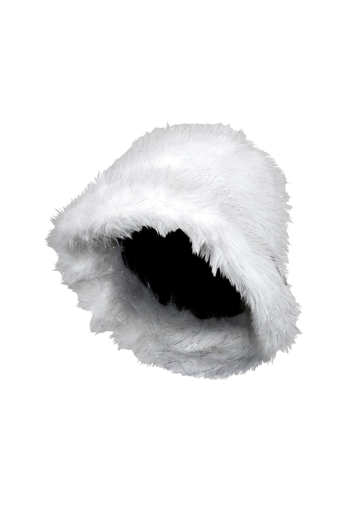 EDGE — white faux fur bucket hat, side view flat lay
