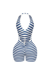 EDGE — white and blue striped halter romper, back view flat lay