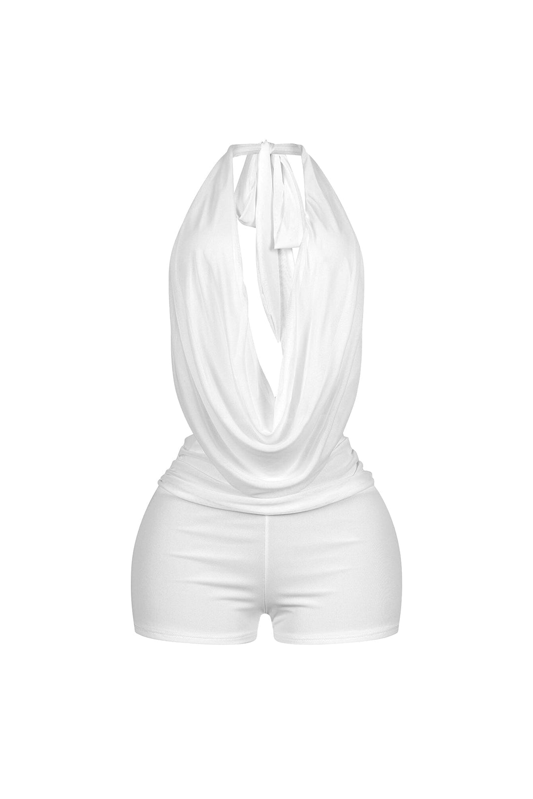EDGE — white mesh cowl neck halter romper, front view flat lay