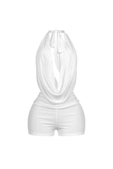 EDGE — white mesh cowl neck halter romper, front view flat lay