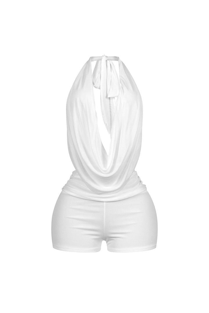 EDGE — white mesh cowl neck halter romper, front view flat lay