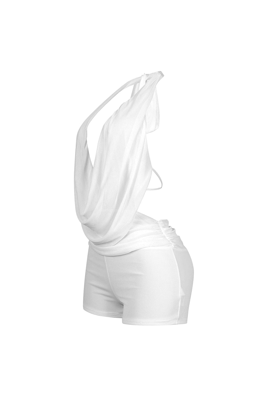 EDGE — white mesh cowl neck halter romper, side view flat lay
